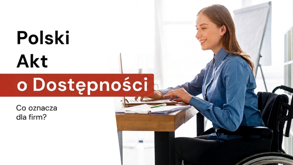 Po prawej stronie uśmiechnięta kobieta poruszająca się na wózku inwalidzkim pracuje przy laptopie w biurze. Obok tekst: "Europejski Akt Dostępności – co oznacza dla firm?"