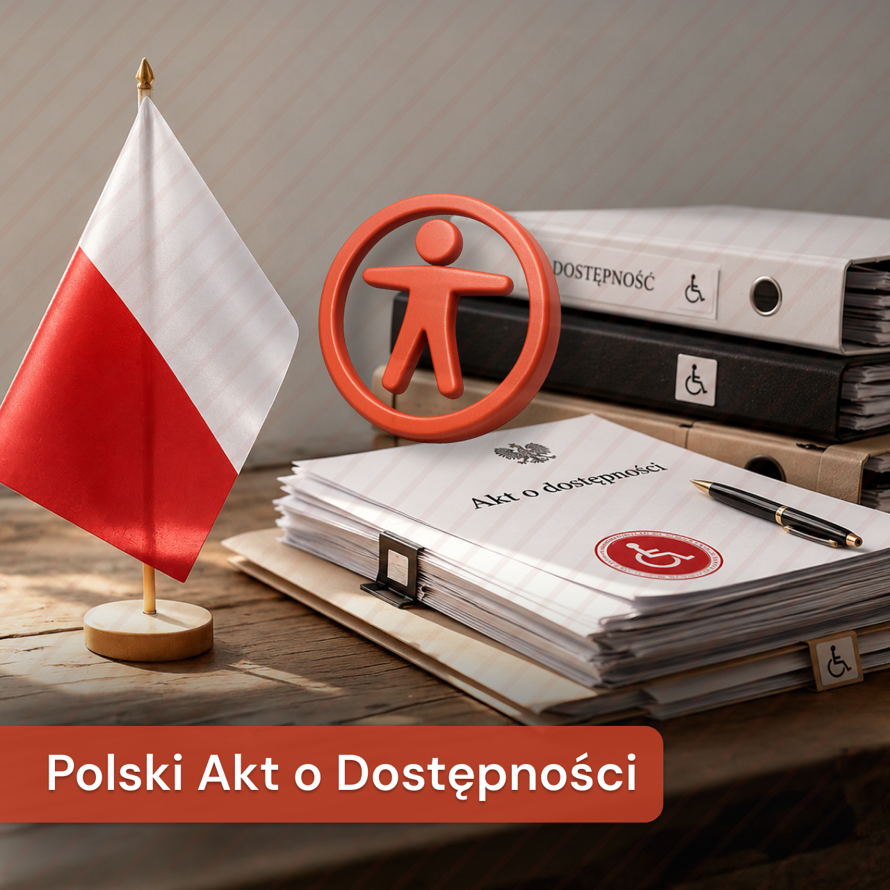 Europejski Akt Dostępności przedstawiony symbolicznie przez flagę Unii Europejskiej oraz czerwoną ikonę dostępności z sylwetką osoby w okręgu, umieszczone na stosie dokumentów, co odnosi się do unijnych przepisów dotyczących dostępności dla osób z niepełnosprawnościami.