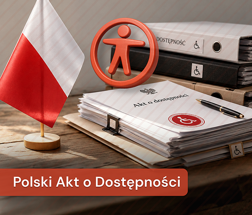 Europejski Akt Dostępności przedstawiony symbolicznie przez flagę Unii Europejskiej oraz czerwoną ikonę dostępności z sylwetką osoby w okręgu, umieszczone na stosie dokumentów, co odnosi się do unijnych przepisów dotyczących dostępności dla osób z niepełnosprawnościami.